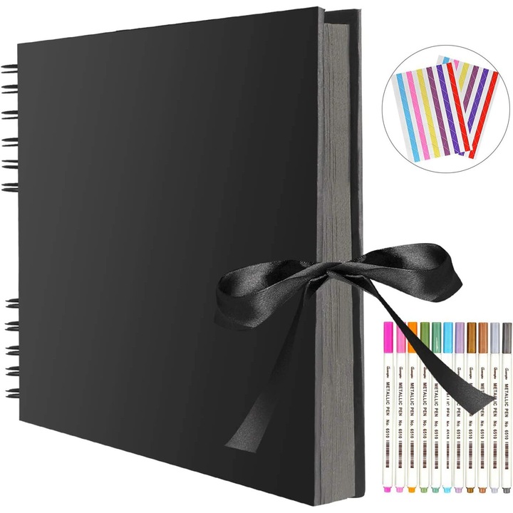 80 oldalas scrapbook fotóalbum szett, fekete, 290x215 mm, 2 sarokmatrica, 10 filctoll